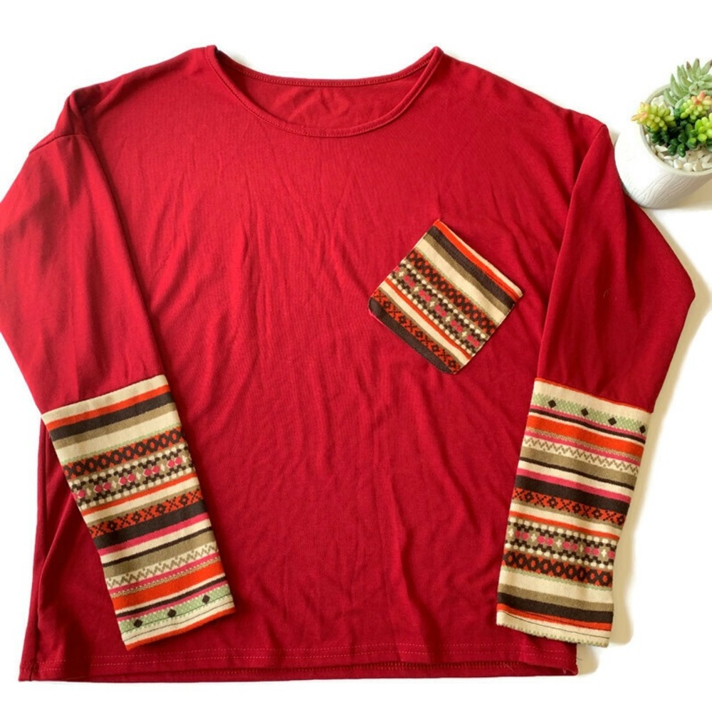 Long Sleeve Red Aztec Print with Open Thumbs Tee